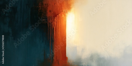 Abstract painting with vertical brushstrokes of orange and yellow light against a dark blue background.