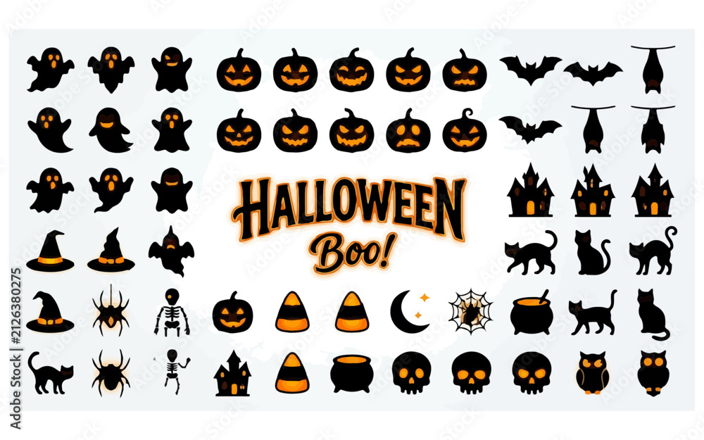 Fototapeta premium Halloween icons set features various spooky silhouettes including pumpkins, ghosts, and bats.