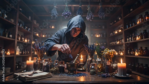 Mysterious Alchemist in Dark Apothecary Laboratory with Candles and Herbs