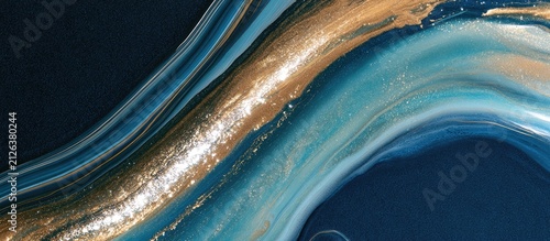 Abstract Swirls of Gold and Teal Paint Flowing on Dark Background.