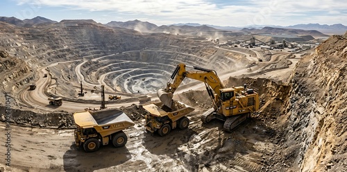 Large excavator loading coal into dump truck at a busy open pit mine site during the day
