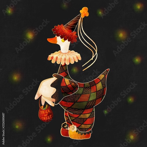 Fotografía Cute Halloween Pierrot Goose in Clown Costume Holding Trick or Treat Bag