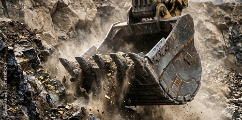 Large excavator bucket digging and moving heavy rocks at a construction site