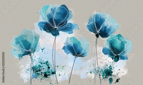 Abstract Blue Poppies Floral Art.