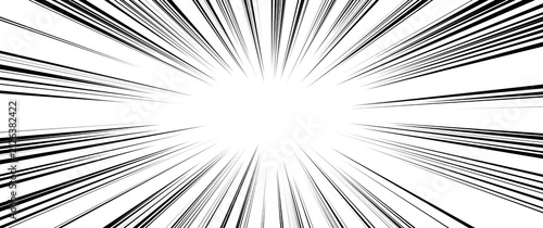 Konstfotografi Intense radial manga speed burst effect, high-contrast black and white comic book action lines converging to a bright center, explosive motion background with dense straight radial lines