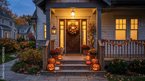 Cozy Autumn House Entrance Decorated with Glowing Jack O Lantern Pumpkins at Night