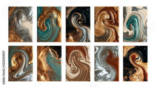 Luxury Copper Teal and Gray Marble Swatch Set, isolated on transparent background, png