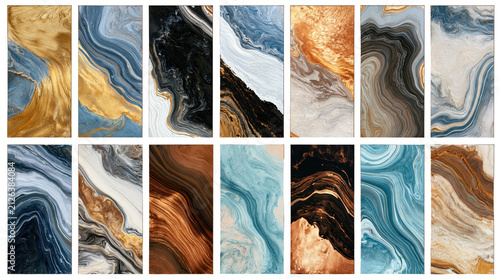 Blue Gold and Neutral Marble Panel Collection, isolated on transparent background, png