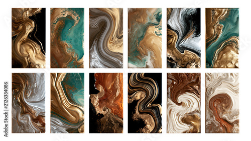 Luxury Gold Teal and Brown Marble Panel Set, isolated on transparent background, png