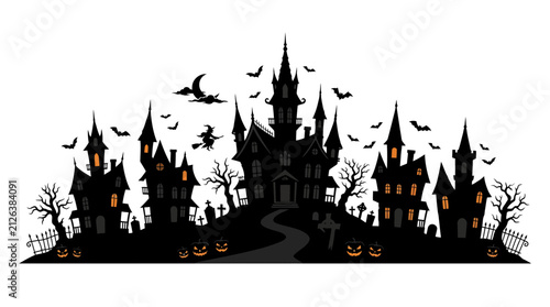 фотографія Haunted houses silhouette depicts a collection of spooky mansions with glowing windows and pointed roofs, surrounded by bare trees, flying bats, and jack-o'-lanterns on a hill