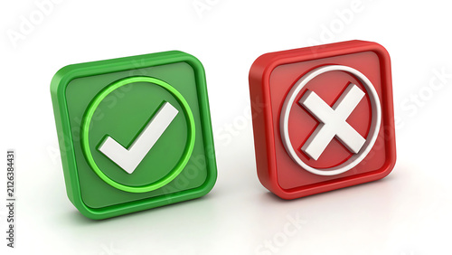 Obraz na płótnie Green check tick and red x square buttons with selection
