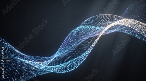 Abstract glowing digital wave with particle network on dark background for technology and science design