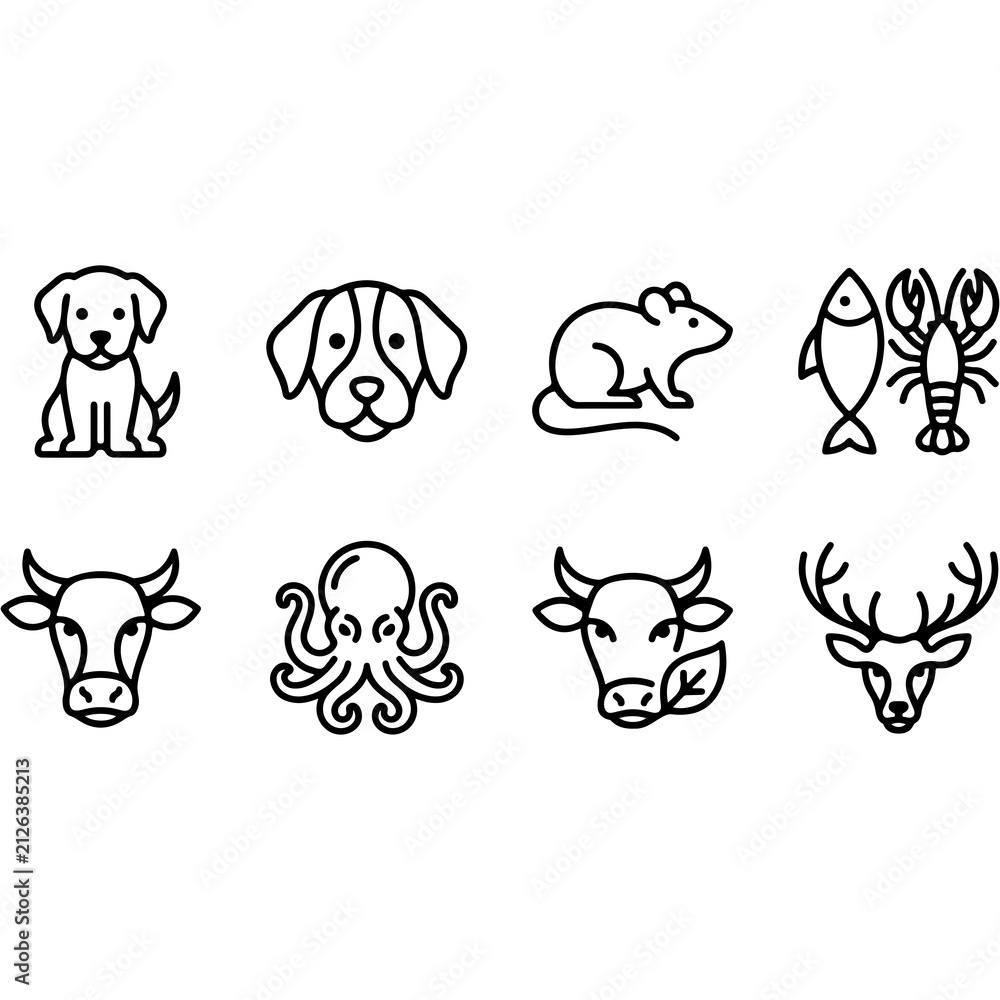 Obraz premium Dog, Mouse, Fish, and Animal Icons Set Vector Line Art 