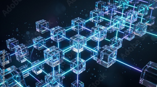 Digital network of translucent interconnected cubes representing blockchain technology and decentralized data flow in a futuristic cyberspace environment