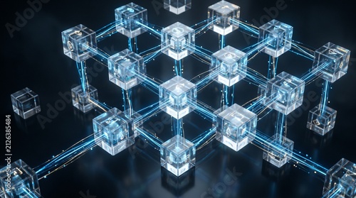Futuristic blockchain technology concept with interconnected glowing glass cubes and digital data network