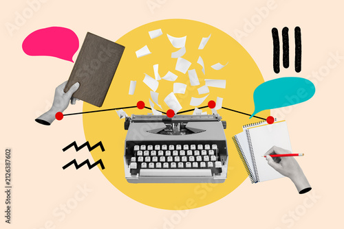 Collage de una maquina de escribir junto a papeles y una mano sosteniendo un libro y otra mano escribiendo sobre un bloc sobre un fondo beige. Vista de frente y de cerca. Copy space