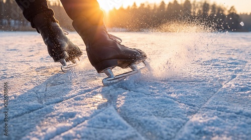 Ice Skating Bliss: Close-up of a person's legs and ice skates gliding across a frozen surface, creating a spray of ice crystals under the warm, golden sunlight.