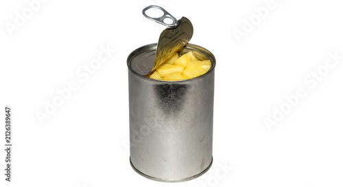 Foto Open Tin Can of Pineapple Chunks Isolated on Transparent Background