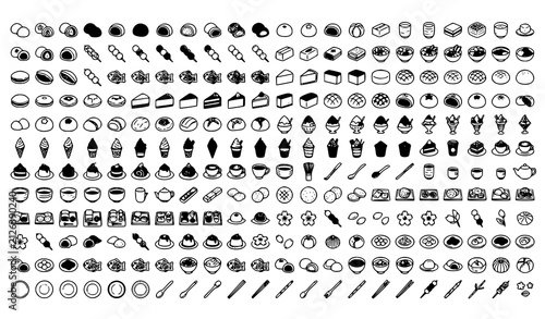 Bild auf Leinwand Set of hand drawn japanese sweets and desserts icons in black and white line art