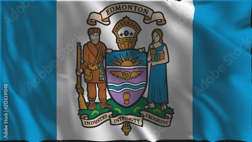 Flag of Edmonton waving slowly in the foreground.