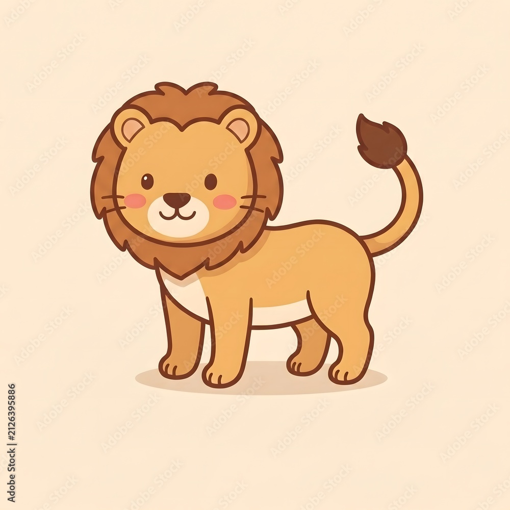 Obraz premium Cute cartoon lion cub standing with raised paw. Adorable hand-drawn African animal mascot character for kids design projects.