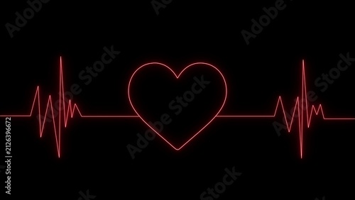 Cuadro en lienzo Red neon heart shape integrated into an ekg heartbeat pulse line