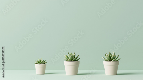 Pastel Mint Background with Small Potted Plants