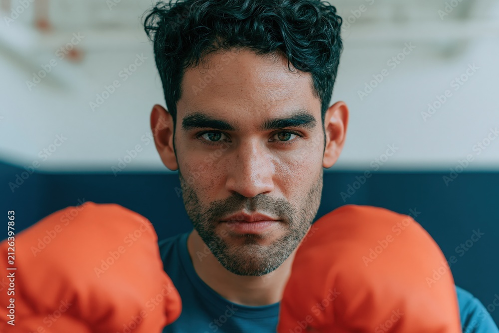 Fototapeta premium Determined male boxer close portrait with orange gloves in indoor gym for sports poster banner background and fighting training