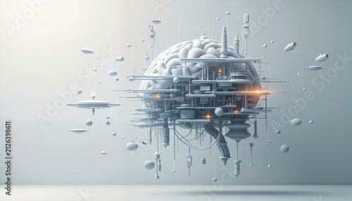 abstract representation of a brain with intricate structures and floating elements in a minimalist style, symbolizing technology and intelligence, concept innovation