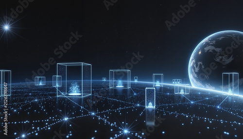 futuristic digital landscape with glowing cubes representing data storage and connectivity against a starry background for technology and innovation themes