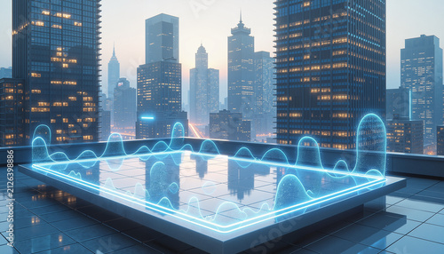 futuristic city skyline with a digital landscape visualization glowing in blue tones, representing technology and innovation contrasts against an urban backdrop at dawn