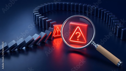 Magnifying glass examining an impending crisis, represented by a domino chain reaction, highlighting risk assessment, strategic planning, and identifying future challenges.
