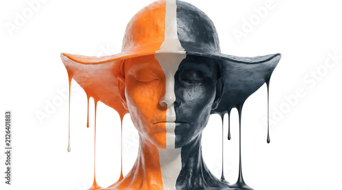 Minimalist split face portrait abstract human head monochrome orange white background surreal art concept art painted face drips symmetrical