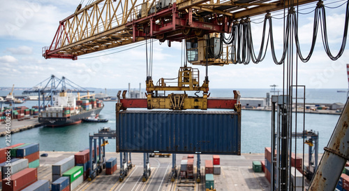 Ship-to-shore gantry crane lifting a blue shipping container above the quay with cargo vessels and terminal equipment in the background