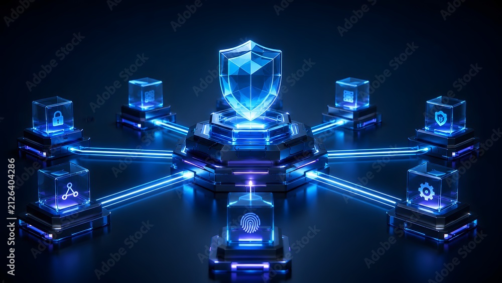 Fototapeta premium Advanced cybersecurity infrastructure securing digital assets across a robust network, featuring data protection and reliable system integrity with futuristic technology.