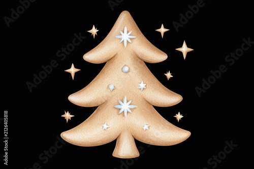 Golden christmas tree texture hand drawn craft ornament star black background soft whimsical winter decoration art for holiday greeting