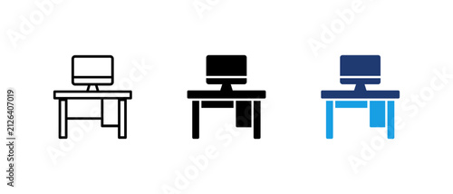 Office desk with computer monitor icon set, modern workspace desk linear and solid vector illustration