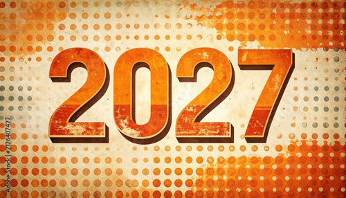 Heavily textured orange and white 2027 year numbers present a rustic and industrial aesthetic. Perfect for urban fashion branding and edgy editorial layouts.