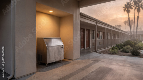 Quiet Motel Ice Machine Alcove at Golden Hour – Classic American Roadside Hospitality