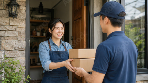 Shopkeeper delivery package box door apron courier small business customer smile woman man parcel cardboard service doorstep entrance home store cafe uniform cap hand exchange shipping receiving
