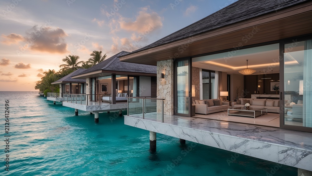 Fototapeta premium Luxury overwater villas above a crystal-clear tropical ocean at sunset