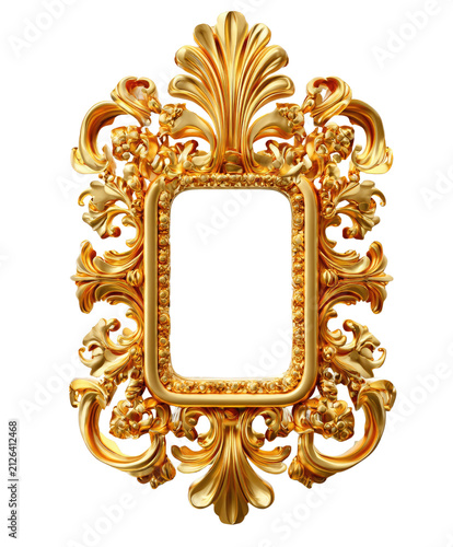 Ornate Golden Frame: An exquisite, highly-detailed golden frame adorned with baroque-style embellishments, featuring a blank space for a picture or artwork, exuding luxury and elegance.