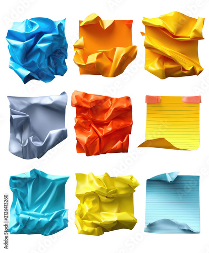 Crumpled Paper Notes Collage: A vibrant collage featuring nine distinct pieces of crumpled and intact paper notes in various colors, representing creative ideas and communication challenges.