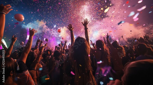 Crowd celebrates at an outdoor concert with bright colorful confetti falling under neon stage lighting.