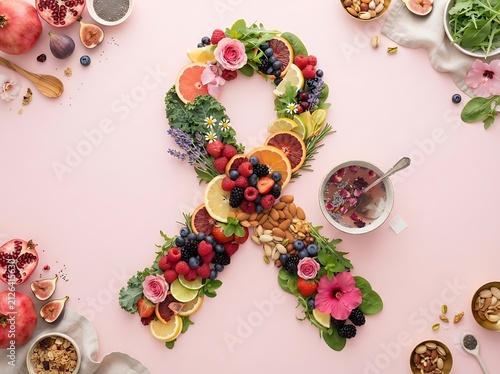 Healthy fruits and berries forming pink ribbon symbol for breast cancer awareness healthy diet concept.