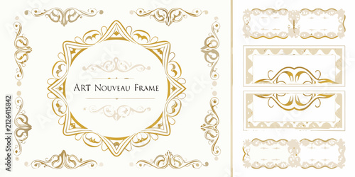 Quadro su tela Collection of golden art nouveau frames with ornate floral details and swirling