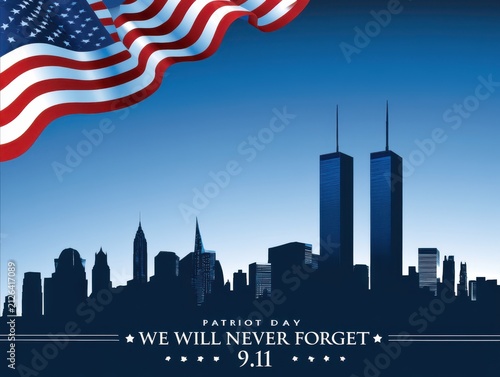 Patriot day tribute with american flag and new york skyline illustration