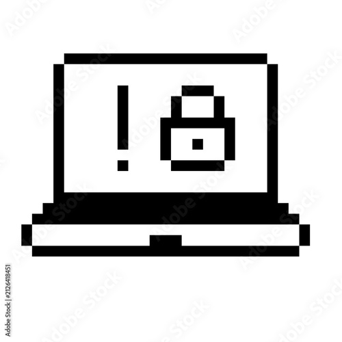 Pixel Art Cyber Security Warning Icon, Laptop with Lock and Exclamation Mark Vector Symbol