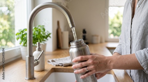 Filling water bottle from kitchen faucet: close-up of a person using a reusable stainless steel flask for sustainable hydration and eco friendly living lifestyle