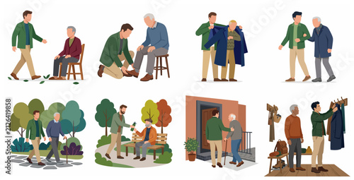 Caregiver and volunteer assisting elderly man in daily life scenes, senior care and support concept vector illustration set